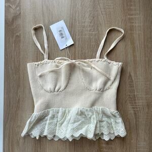 New Et Clet Boutique Brand Women's Eyelet Flutter Hem Knit Tank Size S Cream NWT